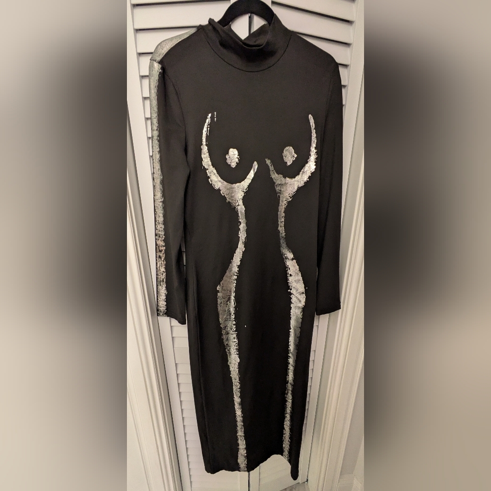 AKIRA Black and White Embellished Long Sleeve Bodycon Dress